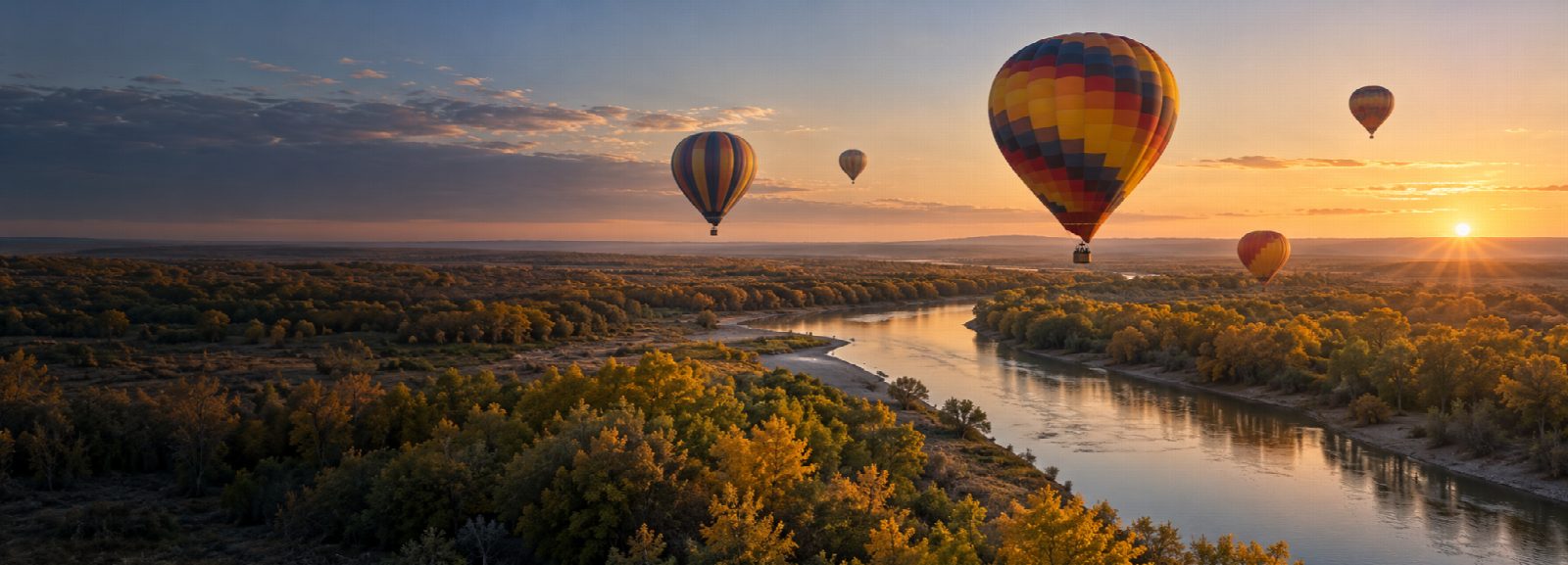 Hot air balloons over the Rio Grande at sunrise, Albuquerque, New Mexico
